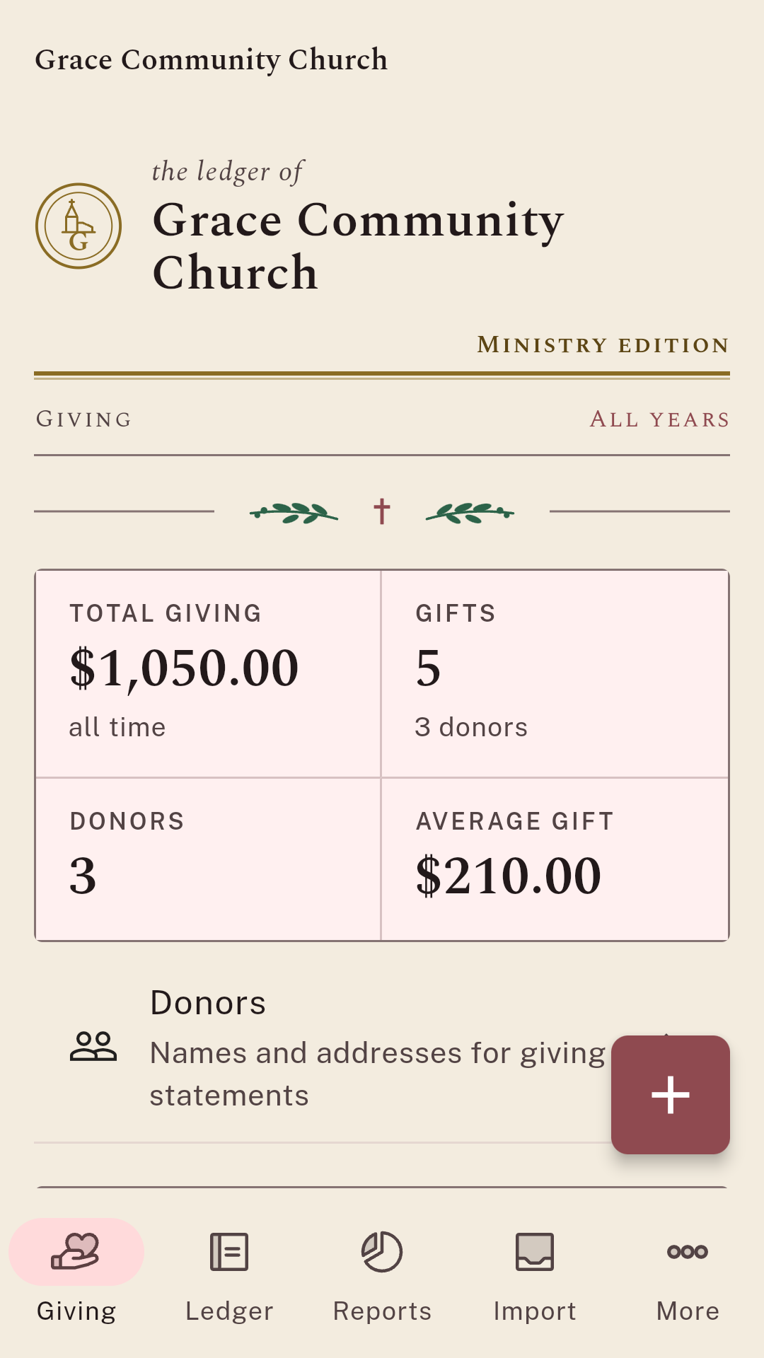 The Giving tab: total giving, gifts, donors and average gift, above a link to the donor list