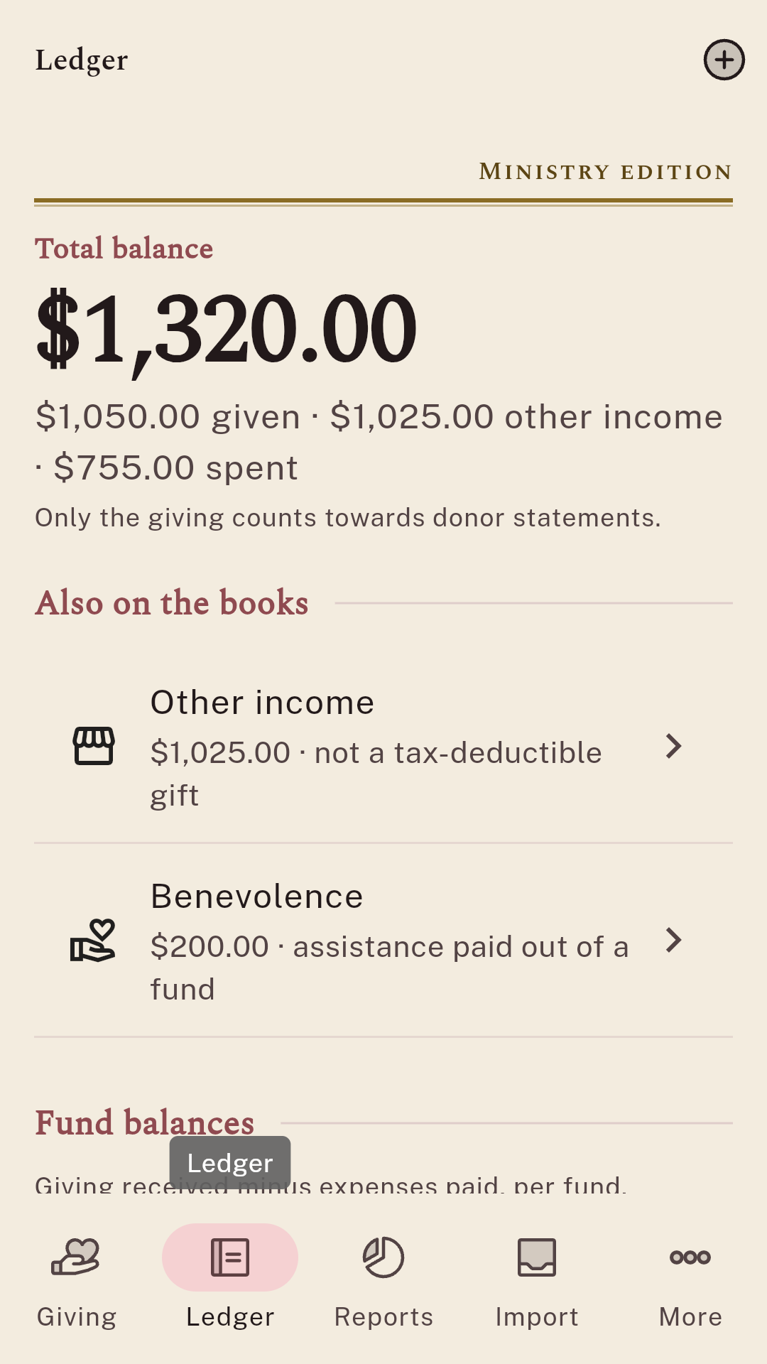 The Ledger tab: total balance split into giving, other income and money spent, with other income and benevolence listed below
