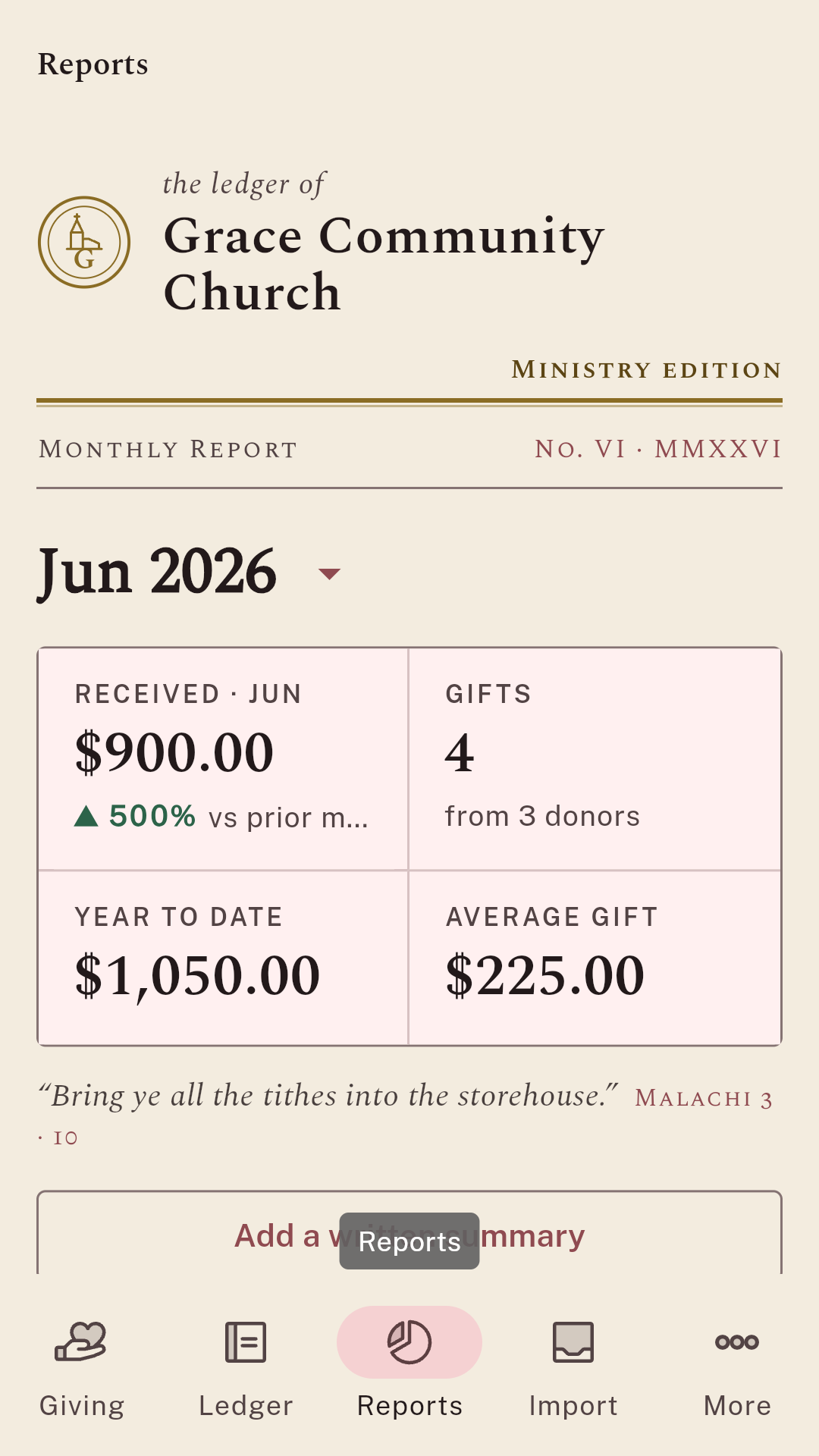 A monthly report for June 2026: received, change on the prior month, gifts, donors, year to date and average gift