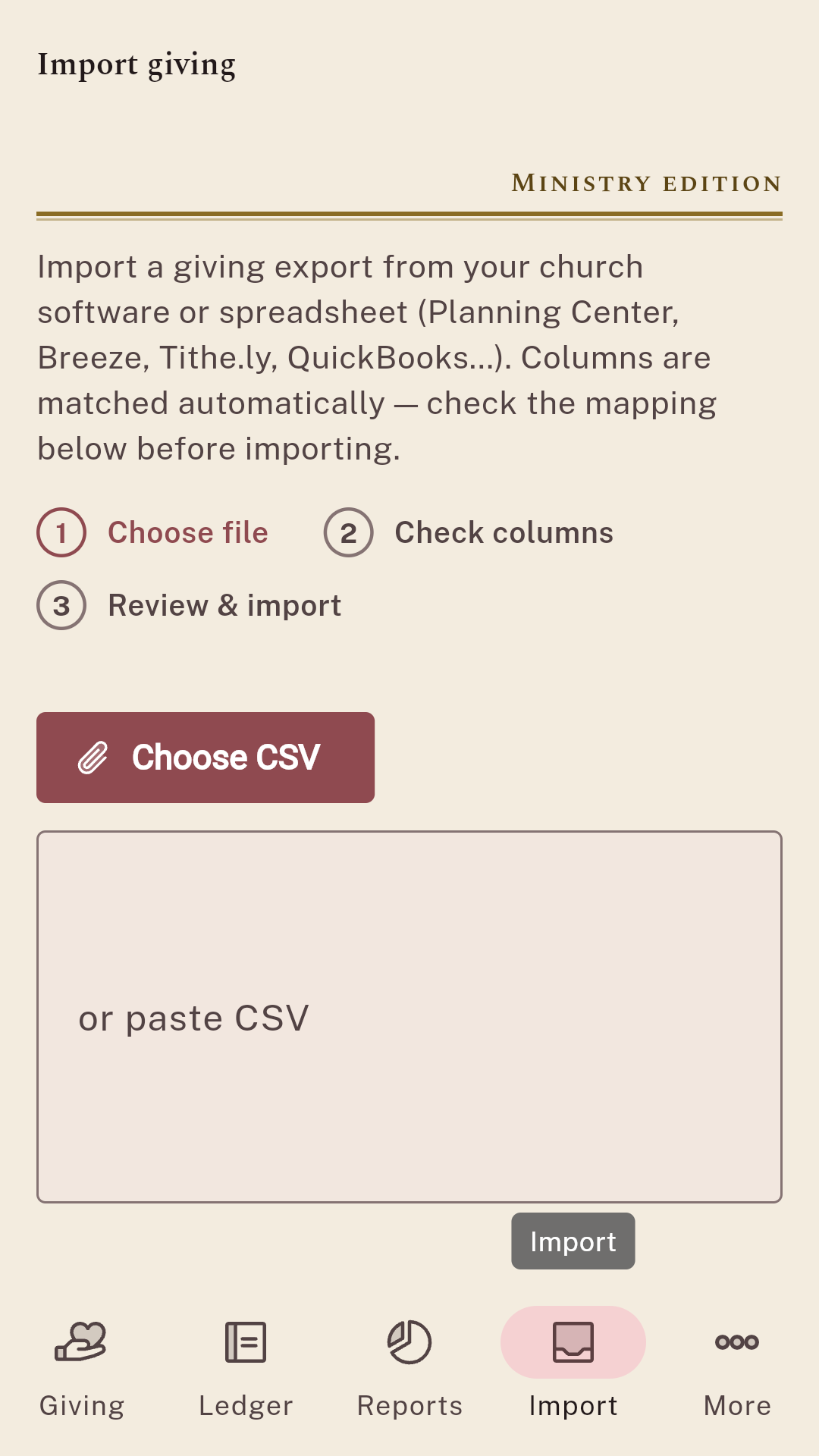 The import screen: choose a CSV or paste one, with three steps — choose file, check columns, review and import