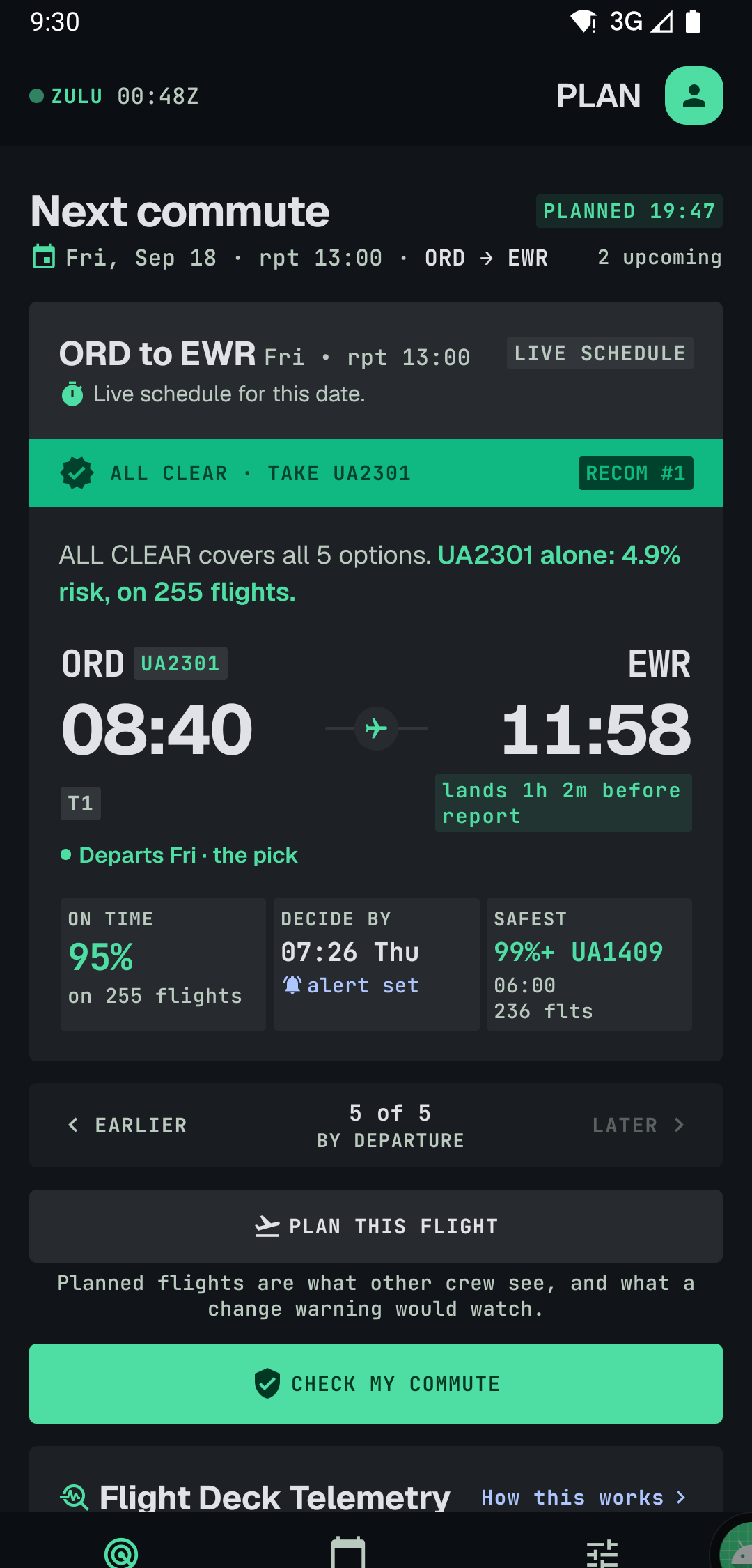 Commute Magic plan screen: the verdict, the flight it names and the hour to decide by