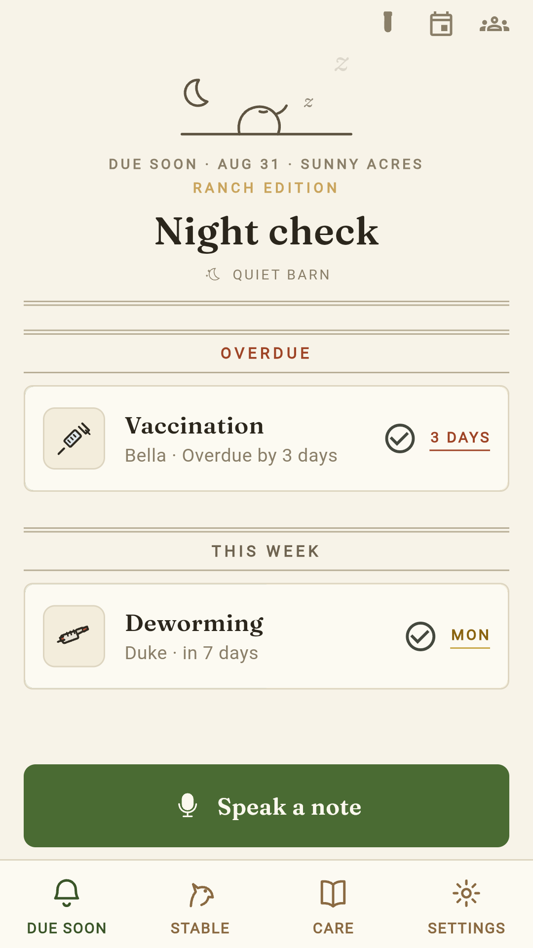 Due Soon board: a vaccination overdue for Bella by 3 days, deworming due for Duke in 7 days, and a Speak a note button