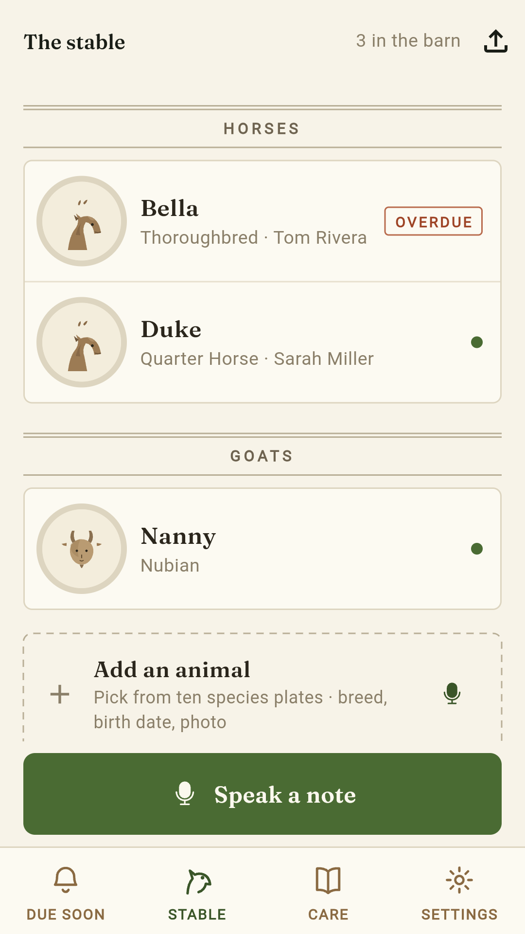The stable: horses Bella and Duke with their breeds and owners, goat Nanny below, and an Add an animal row