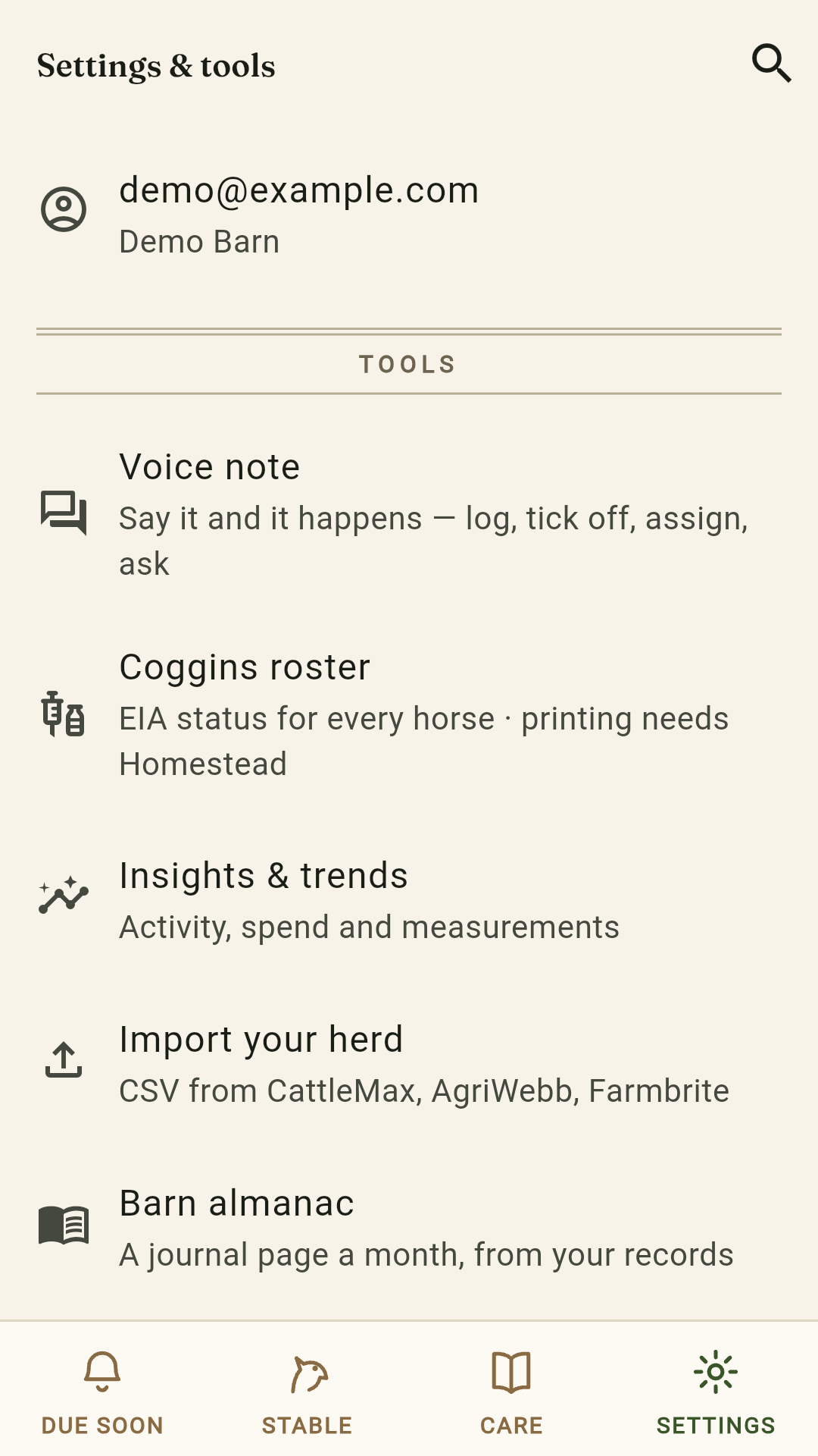 Settings and tools: Voice note, Coggins roster, Insights and trends, Import your herd from CSV, and the Barn almanac