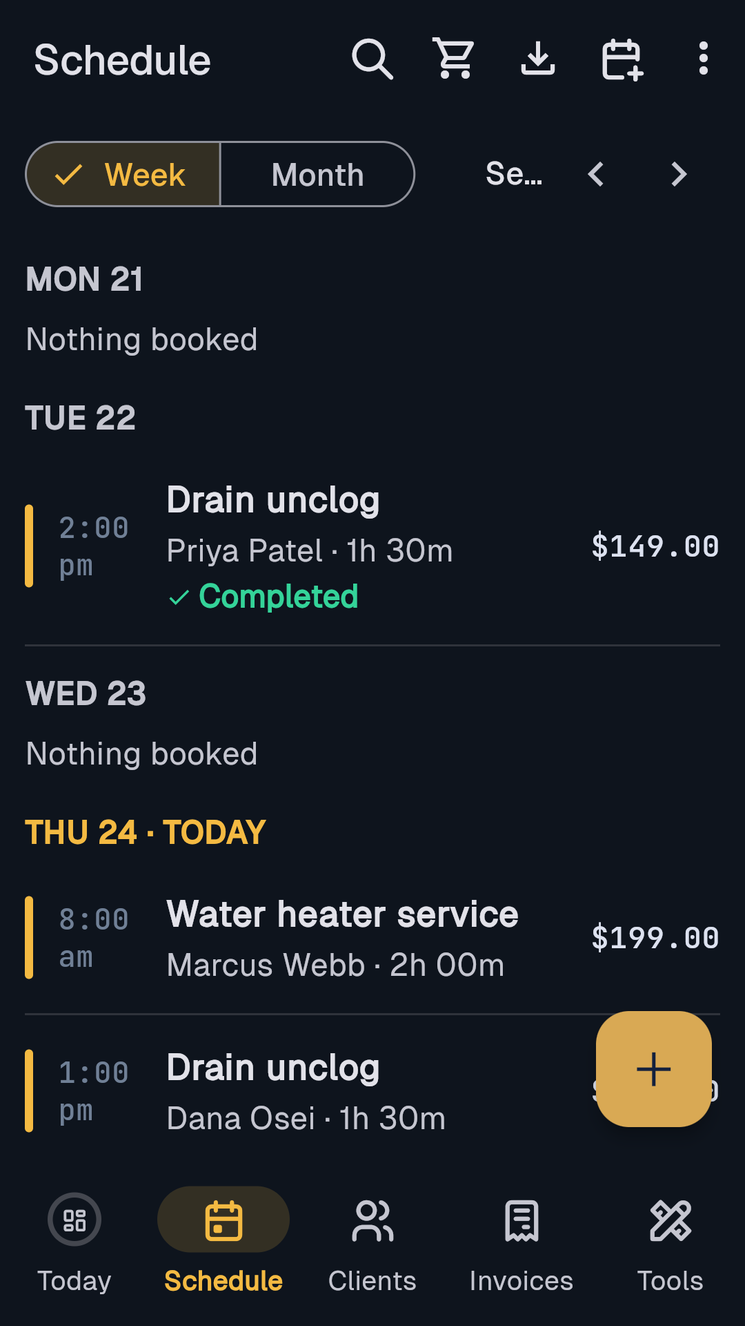Schedule: the week, with what each job is worth