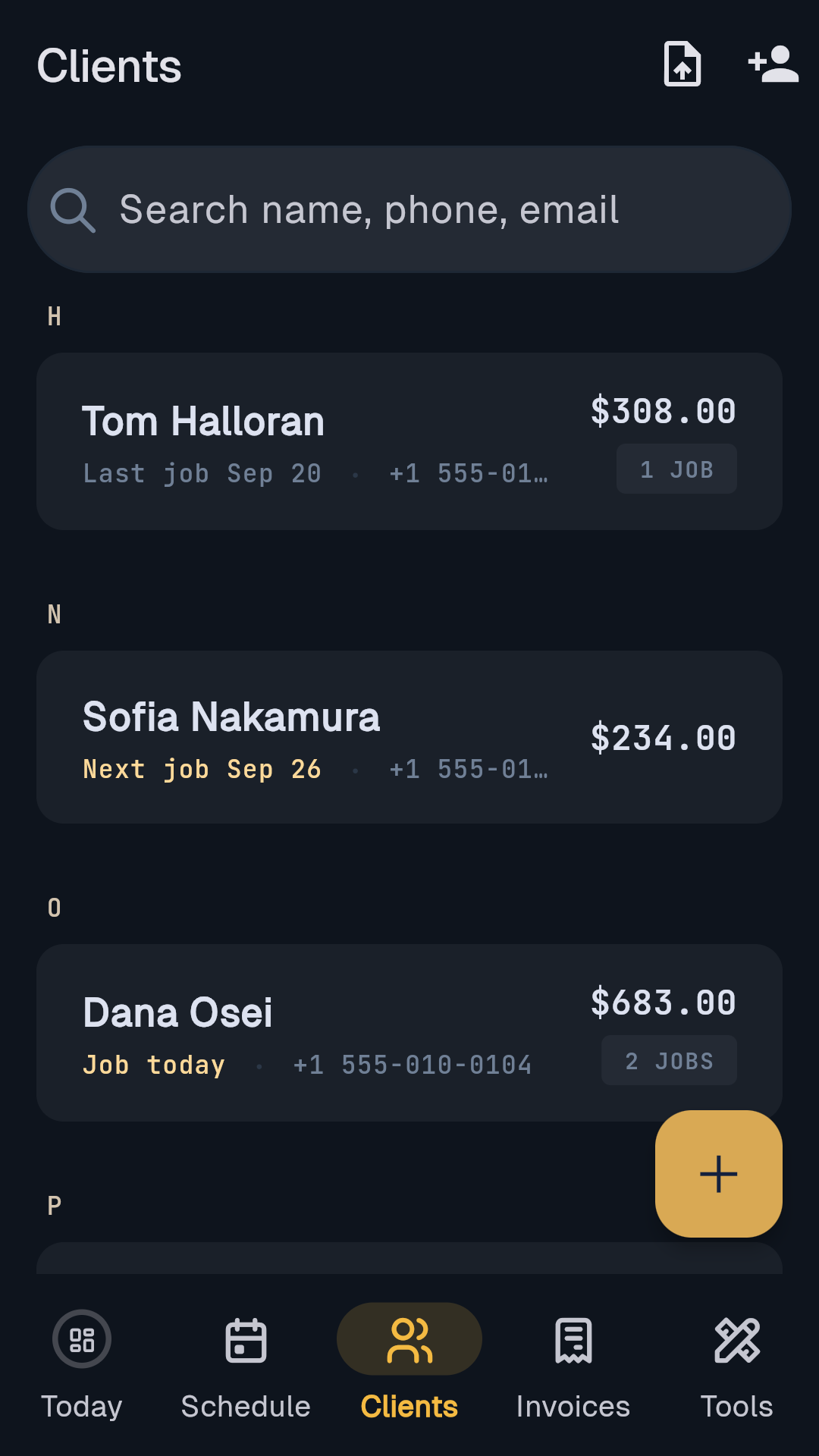 Clients: last job, next job, what they owe