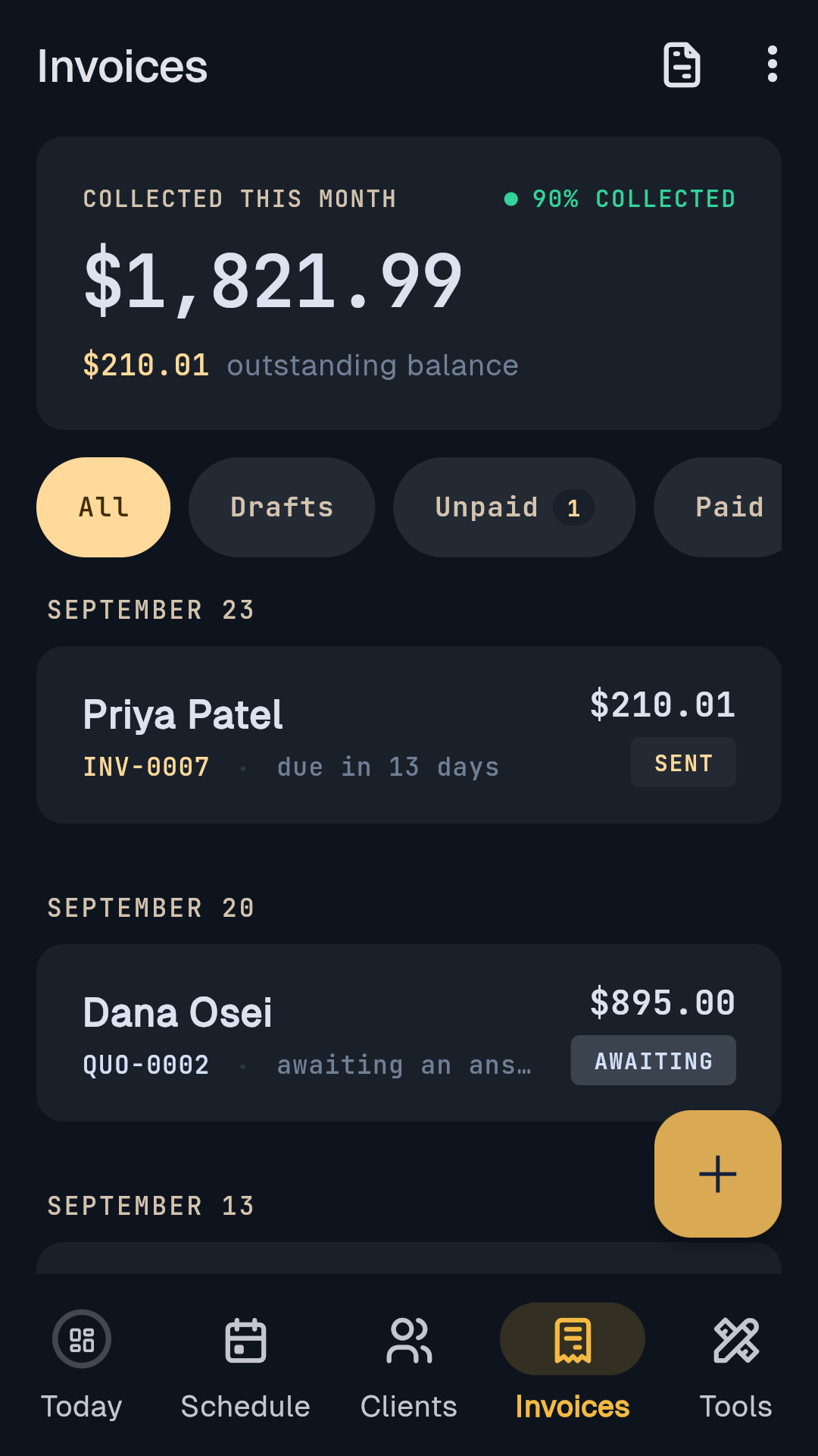 Invoices: collected this month and what is outstanding