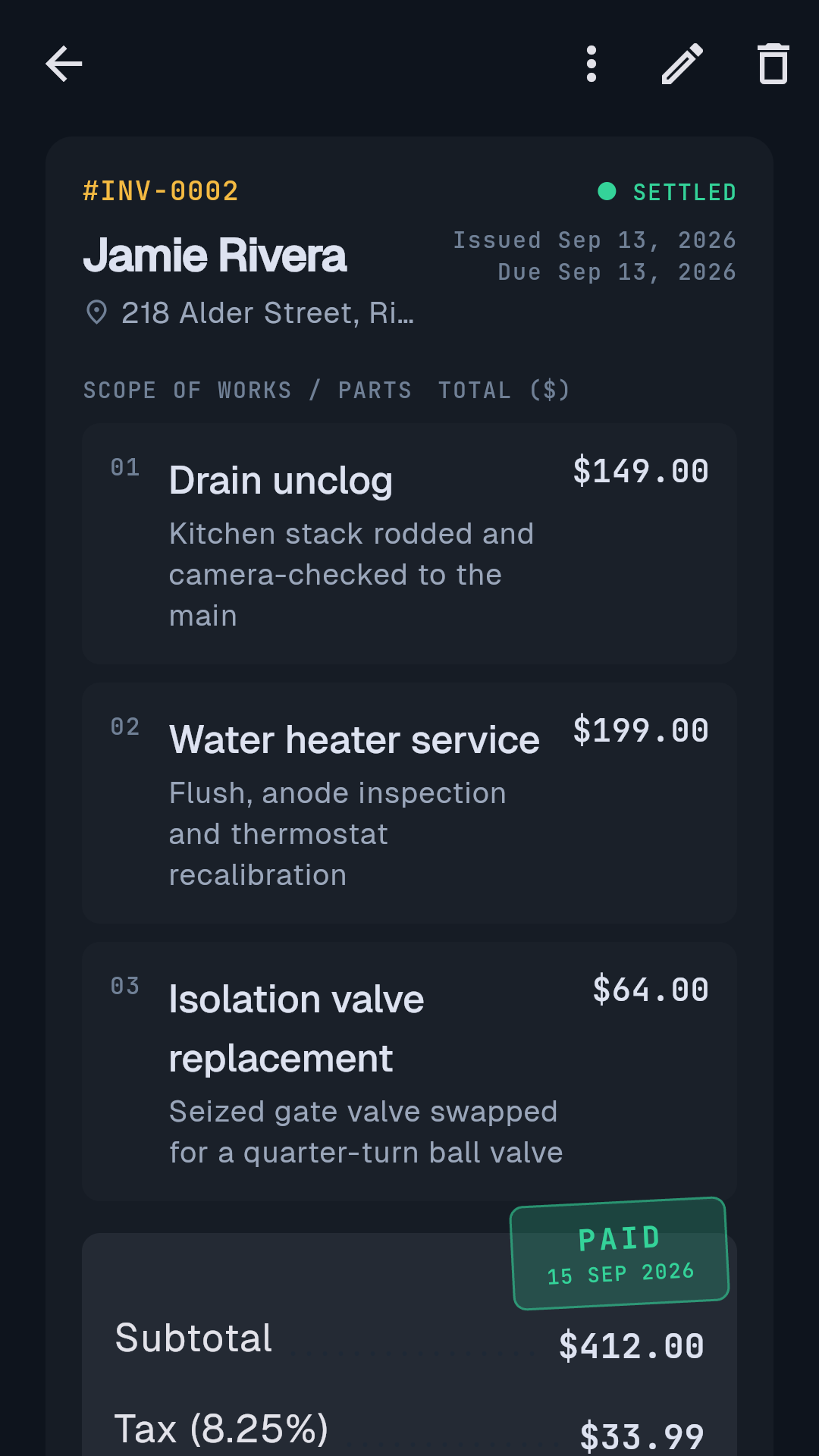 An invoice, itemised, stamped paid